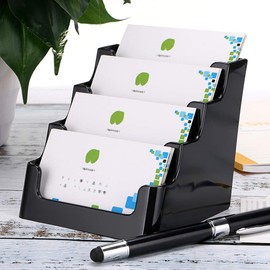 BTSKY 2Pcs 4 Pockets Acrylic Business Card Holder Clear Stand Desktop Countertop Acrylic Card Filling Display, Black