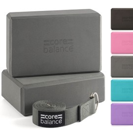 Core Balance Yoga Blocks Double Pack & Free Yoga Strap, 2 Pieces EVA Foam Blocks, Robust & Lightweight, Cotton Straps with Innovative D-Ring Closure, Ideal for Pilates, 5 Different Colours