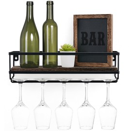 Mkono Wall Mounted Wine Rack - Bottle & Glass Holder Wood Rustic Floating Racks with Stemware Hanger Modern Plants Photos Wine Bottles Display Wall Storage Shelf for Kitchen Dining Room Home Bar