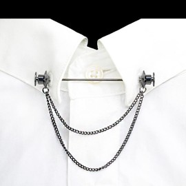 ViVDuo Men's Tie Pins Shirt Collar Pin with Double Chains Tassel 18K Gold Silver Black Collar Bar Tie Stick Pin Suit Accessories (Black Flat Buckle)