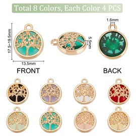 PH PandaHall 32pcs Tree of Life Connector Links, 8 Colors Flat Round Glass Pendants Charm Platinum Plated Crystal Chakra Links Lucky Charms for DIY Jewellery Necklace Bracelet Making