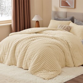BEDELITE Fleece Queen Comforter Set -Super Soft & Warm Fluffy Beige Bedding, Luxury Fuzzy Heavy Bed Set for Winter with 2 Pillow Cases
