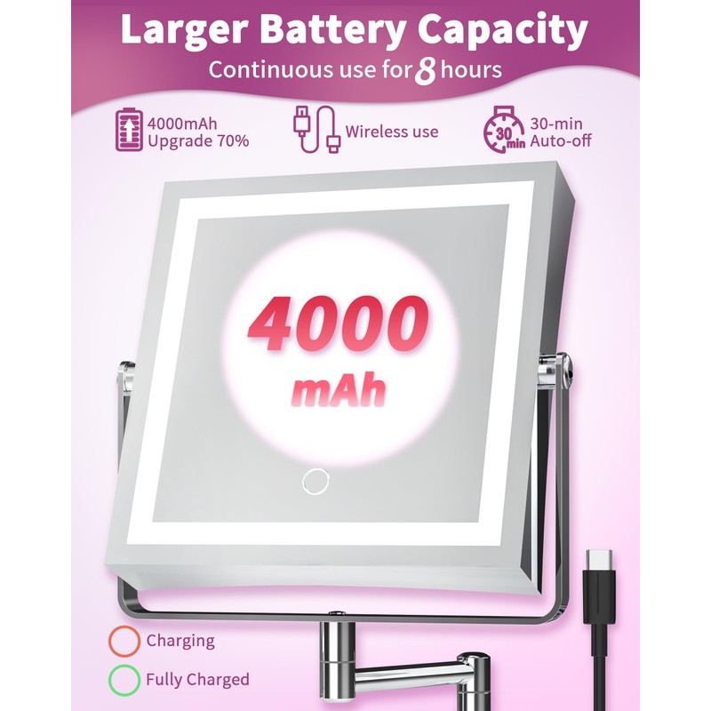 WZKALY Rechargeable Wall Mounted Makeup Mirror with Lights, 4000mAh Double