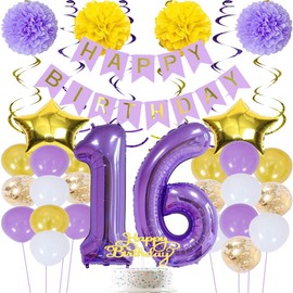 ZWWsullo Birthday Party Decoration 16th Birthday Party Decoration Accessories 16th Birthday Decoration Banner Purple Birthday Decoration 16 Girls Balloons Birthday Set 16th Birthday Decorations