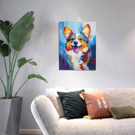 Corgi Canvas Wall Art Animal Painting Colorful Dog Pictures Framed for Bathroom Bedroom Living Room Corgi Modern Home Office Wall Decor 12"x16"