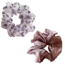 2Pcs Silk Scrunchies for Hair,Purple Polka Dot Print Mesh Satin Hair Scrunchies for Thick Curly Large Hair-Ties Elastic Bands Ponytail Holder Summer Hair-Accessories for Women Girls Gifts