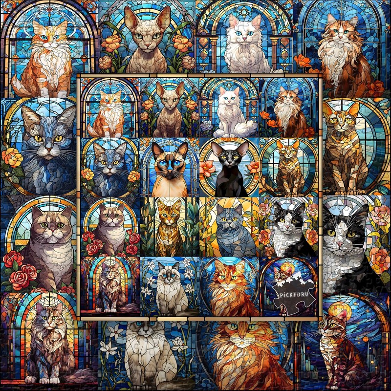 Stained Glass Puzzle Cat Puzzles for Adults 1000 Pieces, Colorful