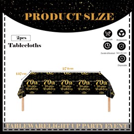 COSORO 2pcs Black Gold 70th Table Cloth,Happy 70th Birthday Tablecloth for Men Women 70th Birthday Table Decoration,137 * 274cm Plastic Tablecloths Table Cover 70th Birthday Decorations for Him Her