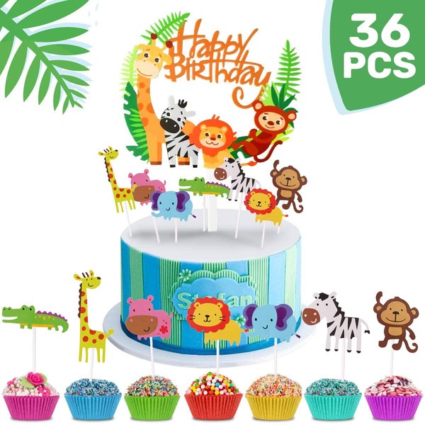 MOVINPE 36pcs Jungle Cake Decoration, 1pcs Jungle Animal Happy Birthday Banner, 35 Animal Cupcake Topper for Kid Birthday Party, Jungle Safari Theme Party
