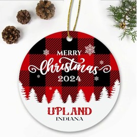Merry Christmas Upland Indiana Ornament 2024 - Xmas Holiday Keepsake for Decor Upland in Ornament Souvenir Gift Family Friends - New Home Ornament 3" Plastic