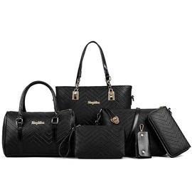 AlwaySky Women's Handbag Set, 6 Pcs PU Leather Top Handle Purse Shoulder Bag Purse Wallet Crossbody Bag Set, Black