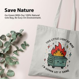 Veqzc Dumpster Fire Gifts Tote Bag, Funny Sarcastic Office Work Humor Gifts for Coworkers, This Little Light of Mine Dumpster Fire Cute Canvas Tote Bags for Women, Reusable Grocery Shopping Bag-02