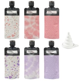 Pack of 6 90 ml squeeze travel bottles and 1 funnel, toiletry bag for travel, bag for bottled liquids, cosmetic containers for divided storage (pink, purple)