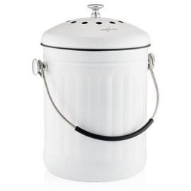 RED FACTOR Premium Compost Bin for Kitchen Countertop - Stainless Steel Food Waste Bucket with Innovative Dual Filter Technology - Includes Spare Filters (White, 1.3 Gallon)