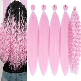 Light Pink Braiding Hair Pre Stretched with Micro Bohemian Ocean Wave Wavy Braiding Hair Pink Knotless Deep Wave Crochet Curly Hair Extensions for Boho Braids (5 Packs)