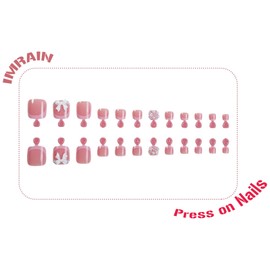 IMRAIN Pink Press on Toe Nails Square French Tips Fake Toenails Short Glossy Acrylic False Toenails with Bow & Pearl Designs Full Cover Glue on Nails for Women 24Pcs