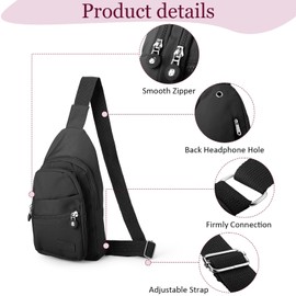 XINRUI Sling Bag, Waterproof Crossbody Bag for Women Men, Lightweight Nylon Sling Chest Bag for Travel Hiking Running Sports (Black)
