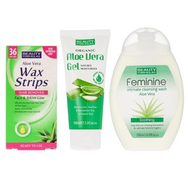 Complete Womans Waxing Kit - Aloe Vera Wax Strips, Aloe Vera Soothing Gel, Aloe Vera Feminine Intimate Cleansing Wash. Waxing Kit for Womans Face and Body Hair. Perfect for Bikini Line Waxing