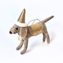 Handmade Wool Needle Felted Holiday Dog with a Sparkling Party hat | Christmas Tree Ornament