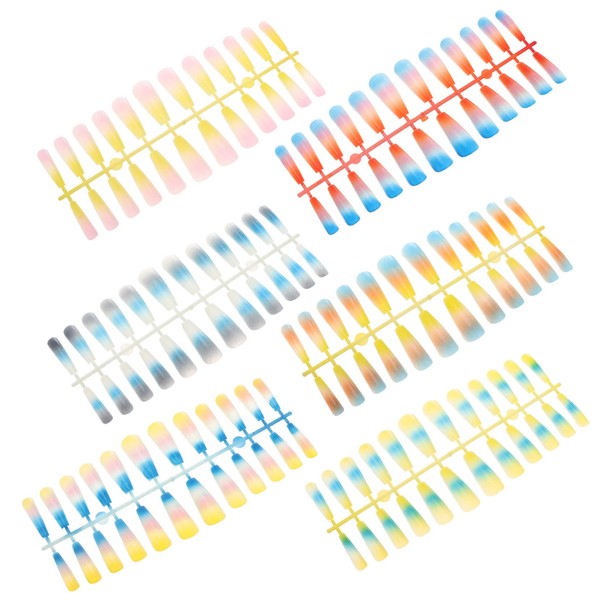 FOMIYES 144pcs Long Fake Nails Rainbow Gradient Shimmer T-shape False