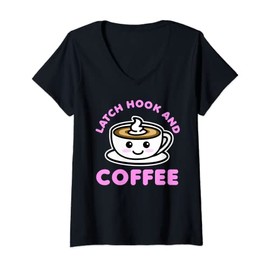Womens Latch Hook and Coffee Cute Coffee Cup V-Neck T-Shirt