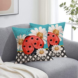 Qinqingo Ladybug Throw Pillow Covers 18 x 18 Inches Summer Wild Dasiy with Welcome Words Cushion Case Cotton Linen for Seasonal Holiday Summer Outdoor Decor
