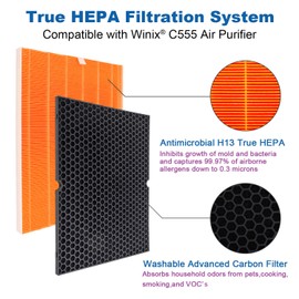 Flintar 116131 Replacement Filter I, Compatible with Winix C555 Air Purifier, H13 Grade True HEPA and Washable Advanced Carbon Filter, 1-Pack