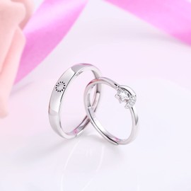 Beydodo His And Hers Wedding Ring Sets, Matching Couple Rings Adjustable 925 Silver Sun Moon and Star Ring Engraved I Love You
