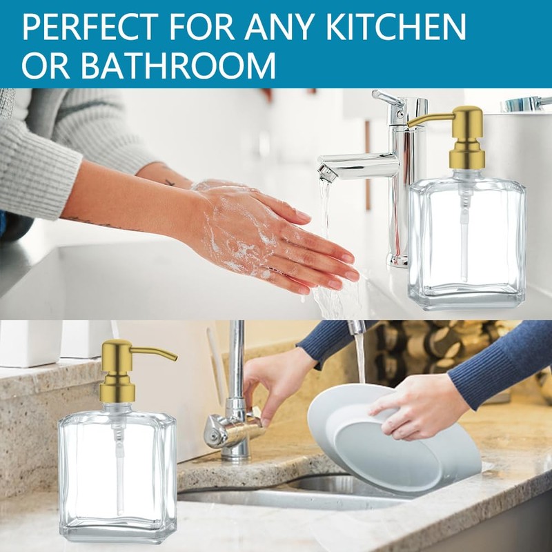 JINCROP 13.5 OZ Glass Soap Dispenser- 2 Pack with Brushed