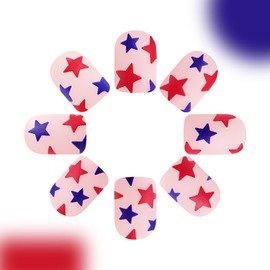 4th of July Press on Nails Short Square Petite Fake Nails Pink Full Cover False Nails with Red Blue Star Designs Glossy Glue on Nails Acrylic Nails Manicure Artificial Nails for Women Girls 24Pcs