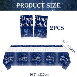 QUERICKY 2 Pack Navy Blue and Silver Happy Birthday Tablecloths, 130 x 220cm Plastic Rectangle Table Cover for Men Women Boys Girls Birthday Party Decorations Supplies