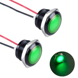 DMWD 2PCS 16mm Metal Indicator Light, 12-24V AC/DC 20mA Waterproof IP67 Single lamp LED Pilot Lamp Raised Head with Wire for Car Truck Boat (Green LED) Black Anodized Shell