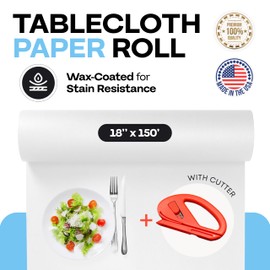 IDL Packaging White Tablecloth Paper Roll 18" x 1800" (150 feet, 225 sq.ft) with Cutter - USA-Made Natural White Paper Table Runner - 100% Recycled Disposable Kraft Material for Table Covering