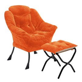 Halituny Fabric Lazy Chair with Ottoman, Oversized Upholstered Sofa Chair for Adults, Plush Comfy Lounge Chair with Large Side Storage Pocket, Reading Chair for Living Room, Bedroom, Office, Orange