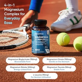 Magnesium Glycinate 4-in-1 Complex - 400mg Elemental Magnesium - 180 Vegan Capsules (3 Months Supply) - 1700mg as Citrate, Bisglycinate, Taurate & Malate - Added 90mg Leucine - Made in the UK