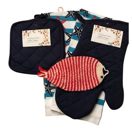 Nautical Beach Ocean Kitchen Towel Set with 2 Dish Towels, 2 Quilted Pot Holders, Oven Mitt and with Microfiber Fish Scrubbier (RED Blue)