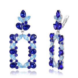 Clearine Rectangle Clip On Earrings Art Deco Marquise Tear Rhinestone Crystal Geometric Statement Clip On Earrings for Party Prom Navy Blue Silver Tone, Crystal