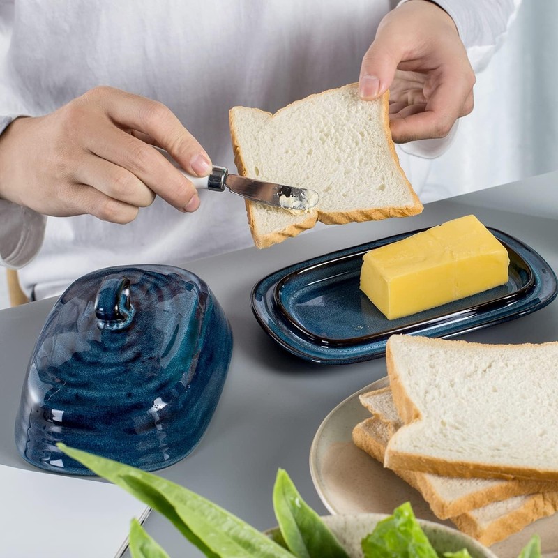 Hasense Butter Dish with Lid, Porcelain Butter Container with Handle
