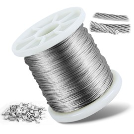 Wire Rope Stainless Steel Cable with Crimp Sleeves, 304 Stainless Steel Rope Curtain Rope Washing Line for Climbing Plants, Fence, Lights Hanging, Hanging Light (1 mm x 100 m - 100 Pieces)