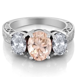 Gem Stone King 3.50 Ct Oval Peach Morganite White Topaz 925 Sterling Silver 3-Stone Ring (Size 7)