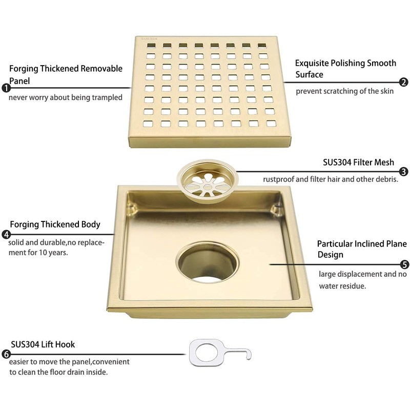 RANDOM Brushed Gold Shower Drain Square 6 Inch Shower Floor