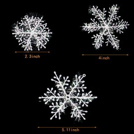 MEETOOT 61PCS Snowflake Sequins Plastic 2.36inch 4.33inch 5.9inch with Fishing Line Christmas Snowflake Flakes Christmas Tree Decoration Hanging Winter Decoration Hanging Snowflake String White