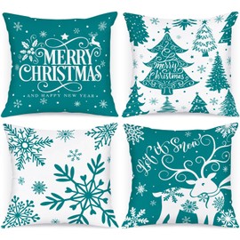 Lanpn 40x40 cm Christmas Cushion Covers Set of 4, Cartoon Deer Snowflake Decorative Holiday Pillow Case Pillowcase Cushion 16x16 for Indoor House Sofa Couch Winter Decoration Teal