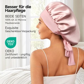 Umisleep 22 Momme Schlafmütze aus 100% Maulbeerseide, doppelseidige weiche Nachtmütze für lockiges Haar, atmungsaktiv, verstellbares breites Band zur Befestigung am Kopf, Rosa