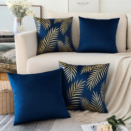 OTOSTAR Gold Leaves Throw Pillow Covers 18 x 18 Inch Set of 4 Gold Foil Stamping Decorative Pillow Covers Soft Velvet Pillow Cases Square Bronzing Cushion Covers for Sofa Bed Home Outdoor Decor (Navy)
