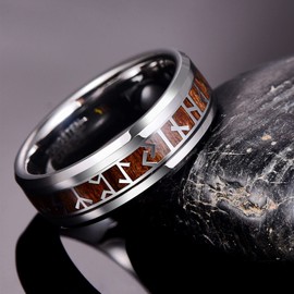 GALANI Silver Tungsten Carbide Rings for Men Women Viking Rune 8mm Wedding Promise Ring with Koa Wood Inlay Friendship Lifestyle Ring for Daily Wear Size P1/2