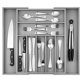 Premium Bamboo Silverware Organizer - Expandable Kitchen Drawer Organizer and Utensil Organizer, Perfect Size Cutlery Tray with Drawer Dividers for Kitchen Utensils and Flatware (7-9 Slots) (Grey)