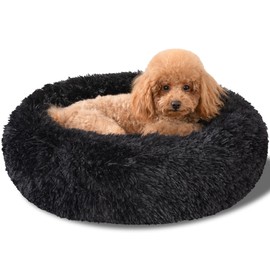 Kimpets Dog Calming Beds for Medium Large Dogs - Round Donut Washable Puppy Dog Bed, Anti-Slip Faux Fur Fluffy Donut Cuddle Anxiety Cat Pet Bed(28'' Black)