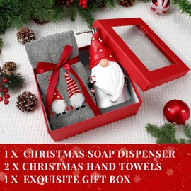 Teenyyou 4 Pcs Christmas Bathroom Accessories Christmas Soap Dispenser Lotion Pump Christmas Fingertip Towels with Gift Box Set for Xmas Home Bath Decoration(Red and White,Gnome)