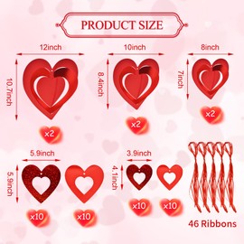 46 Pcs Valentine's Day Hanging Heart Ornament Decorations, Red Love Glitter Swirl Hollowed Heart Decorations for Tree Ceiling Romantic Bridal Shower, Wedding, Engagement, Anniversary